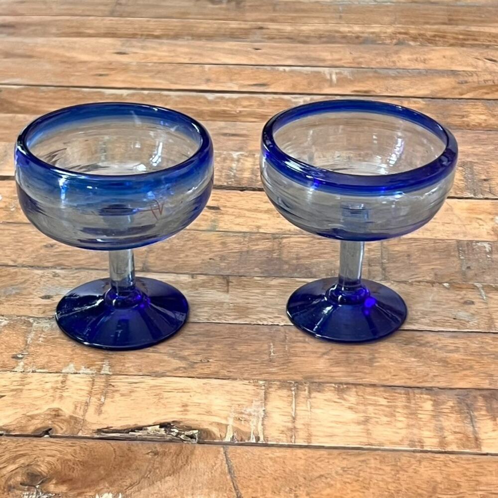 Mexican Margarita Blue Rim & Foot Glasses 4" Set of 2
